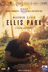 Ellis Park film poster met Warren Ellis die viool speelt in een weelderig landschap met palmboom-achtergrond voor Cinema Middelburg.