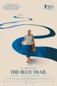 Zwarte en blauwe straatroute op een lichte achtergrond met een vrouw die een wandeling maakt, promotie voor de film "The Blue Trail" door Gabriel Mascaro.