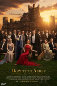 Elegante cast van "Downton Abbey" op een historische tuin in een film promotional poster. Centrale figuren in formele avondkleding met een kasteel op de achtergrond, symbolen van erfgoed en grandeur.