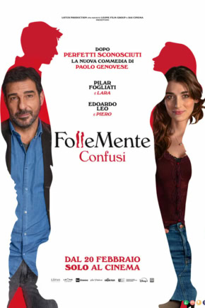 Zwart-wit en gekleurde poster van de film "FolleMente Confusi" met twee acteurs, promotie voor de Italiaanse komedie die vanaf 20 februari in Cinema Middelburg te zien is.