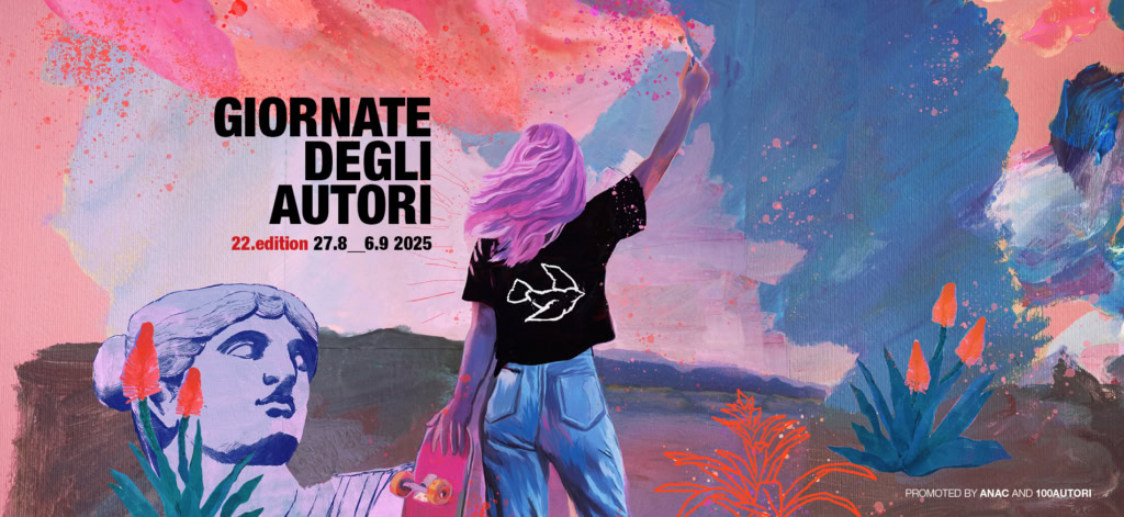 Kunstzinnig poster van Cinema Middelburg voor de auteursdagen, met een vrouw op skateboard en kleurrijke waterverf-achtergrond, promotie voor film- en cultuurevenementen in Middelburg.