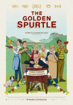 Prachtige poster van film The Golden Spurtle met diverse personages en de wereldkampioenschap havermout, geschikt voor filmliefhebbers en bezoekers van Cinema Middelburg.