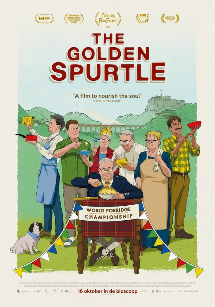 Prachtige poster van film The Golden Spurtle met diverse personages en de wereldkampioenschap havermout, geschikt voor filmliefhebbers en bezoekers van Cinema Middelburg.