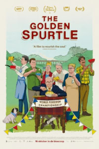 Alt: Afbeelding van een filmposter voor 'The Golden Spurtle', een unieke film over wereldkampioenschappen pap maken, met kleurrijke personages en campagne. Perfect voor een website van een cinema in Middelburg, Nederland.