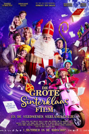 Noordwijkse bioscoop poster voor de film "De Grote Sinterklaas Film" met kleurrijke karakters en feestelijke scène, geschikt voor kinderfilms en familievoorstellingen bij Cinema Middelburg.