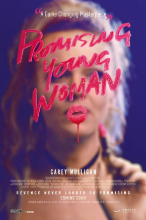 Een foto van een vrouw met roze make-up en tekst op haar gezicht, promotie voor de film "Promising Young Woman" met Carey Mulligan, geschikt voor een filmtheater website en SEO.