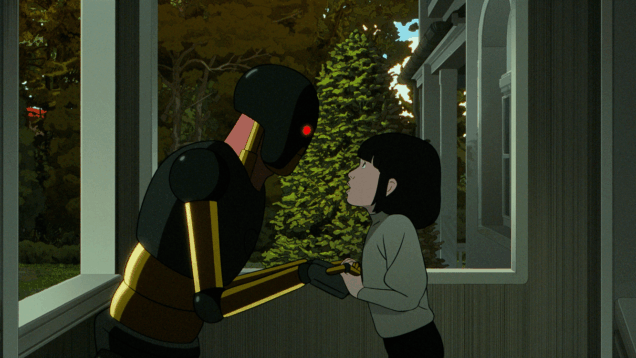 Alt tekst: robot en meisje in dialoog in gezellige bioscoopomgeving, perfecte afbeelding voor een filmtheater website met keywords zoals robot, film, bioscoop, entertainment.