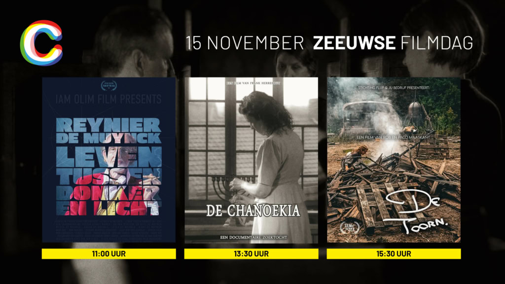 Reclameposter voor filmvoorstellingen tijdens Zeeuwse Film Dag in Cinema Middelburg, met film posters, showtijden en informatie, in een donkere cinema ambiance.