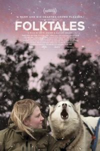 Gezicht op een poster van de film "Folktales" met een meisje en een Siberische Husky in de sneeuw, sfeer van een winterse filmvertoning, ideaal voor filmliefhebbers die genieten van huiselijke en avontuurlijke films in een gezellige bioscoop.