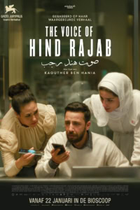 Alt tekst: Film poster van 'The Voice of Hind Rajab' met mensen die op hun telefoons kijken, geschikt voor een bioscoop website gericht op films en vertoningen in Middelburg.