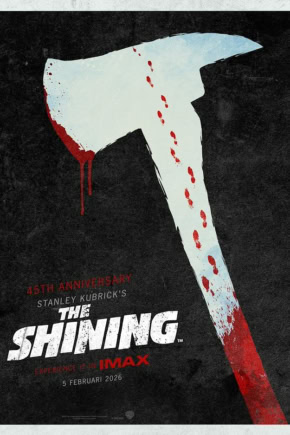 Een poster van de horrorfilm "The Shining" met een iconisch mes, geschikt voor een bioscoopwebsite, benadrukt horror, suspense, filmklassieker en bioscoopbeleving.