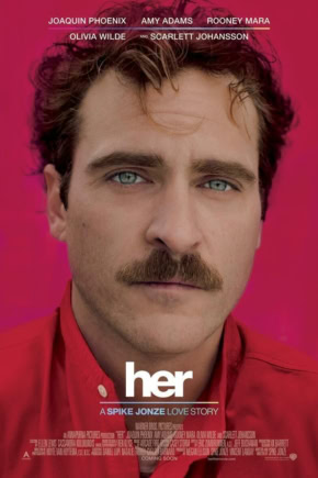 Her film poster met Joaquin Phoenix, een man met een baard en blauwe ogen, tegen een roze achtergrond.