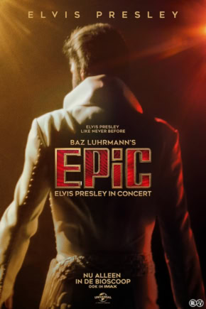 Elvis Presley in Concert - Filmposter met Elvis Presley in een iconische pose tijdens een concert, met warme verlichting en opvallende titeltekst.