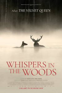 Film poster for "Whispers in the Woods" featuring a deer and a stag in a misty forest setting, emphasizing mystery and nature themes.