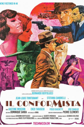 Il Conformista 4K restauratie poster met hoofdpersonages en filmthema's.