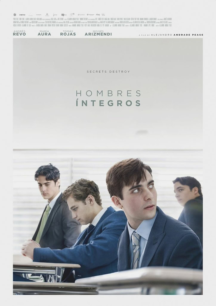 Poster van de film "Hombres Integros" met jonge mannen in een klaslokaal, passend bij een film over integriteit en mannelijkheid, geschikt voor een filmtheater website.
