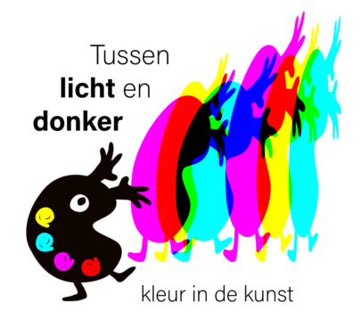 Een kleurrijk kunstwerk met een zwart figuurtje dat tussen licht en donker speelt, met levendige kleuren en abstracte vormen, passend bij de Kinderkunstweek 2026.