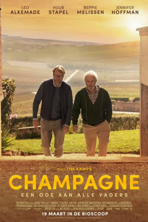 Filmposter voor de film Champagne met Leo Alkemaade en Huub Stapel in een landelijke setting.