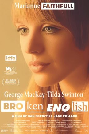 Filmposter van "Broken English" met Marianna Faithfull, met acteurs George MacKay en Tilda Swinton, promotie voor filmfestival, geschikt voor filmtheater website.