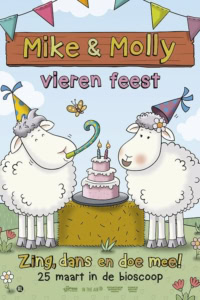 Vrolijk illustratie van twee schapen met feesthoedjes en een taart, ter gelegenheid van een verjaardagsfeest, geschikt voor een filmtheater website.