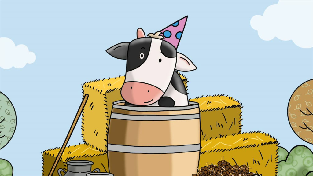 Cartoon afbeelding van een koe met een feesthoedje in een houten vat, omringd door feestdecoraties, geschikt voor een film- en entertainmentwebsite.