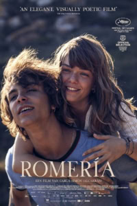 Romería film poster with young people enjoying outdoor festival scene, capturing joyful and vibrant atmosphere, perfect for cinema and movie theater promotion.