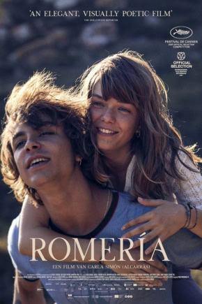 Romería film poster with young people enjoying outdoor festival scene, capturing joyful and vibrant atmosphere, perfect for cinema and movie theater promotion.