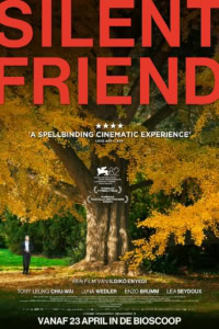 Een man staat onder een grote, oude boom met gele en oranje bladeren, in een park. De afbeelding benadrukt rust en natuur, passend bij de film 'Silent Friend' en de serene sfeer van de filmvertoning.
