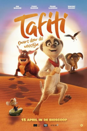 Afbeelding van de film Tafiti, met de hoofdpersonages in een woestijnlandschap, inclusief een vrolijk aapje en andere dieren, promotie voor de film die op 15 april in de bioscoop verschijnt.
