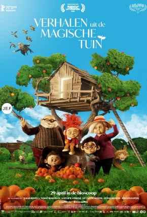Magische boomhuis met kinderen en dieren, afgebeeld in een kleurrijk en fantasierijk landschap, perfect voor een filmposter van een sprookjesachtig verhaal in een bioscoop.