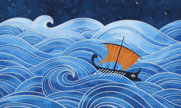 Illustratie van een zeilboot op woeste golven, passend bij het thema van onderzeese avonturen en zeilreizen.