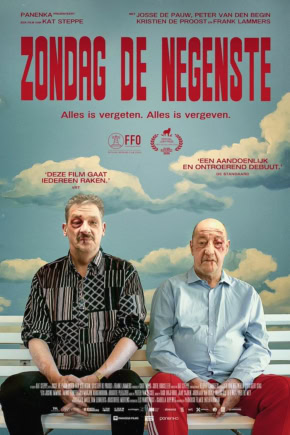 Afbeelding van twee mannen die in een filmzaal zitten, met een filmposter op de achtergrond voor de film 'Zondag de Negende', geschikt voor een filmtheater website.