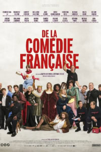 Filmposter van De la Comédie-Française met diverse acteurs en actrices in kleurrijke kostuums en moderne kleding, geschikt voor een theater- en filmwebsite.