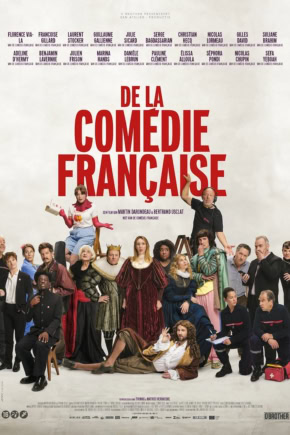 Filmposter van De la Comédie-Française met diverse acteurs en actrices in kleurrijke kostuums en moderne kleding, geschikt voor een theater- en filmwebsite.