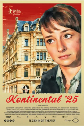 Promotiefilm poster voor film 'Kontinental ‘25' met een jonge vrouw en een historisch gebouw op de achtergrond, voor een filmtheater website.