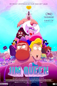 Poster van de animatiefilm Jim Queen met kleurrijke karakters en een fantasierijke achtergrond, geschikt voor filmtheater promotie.
