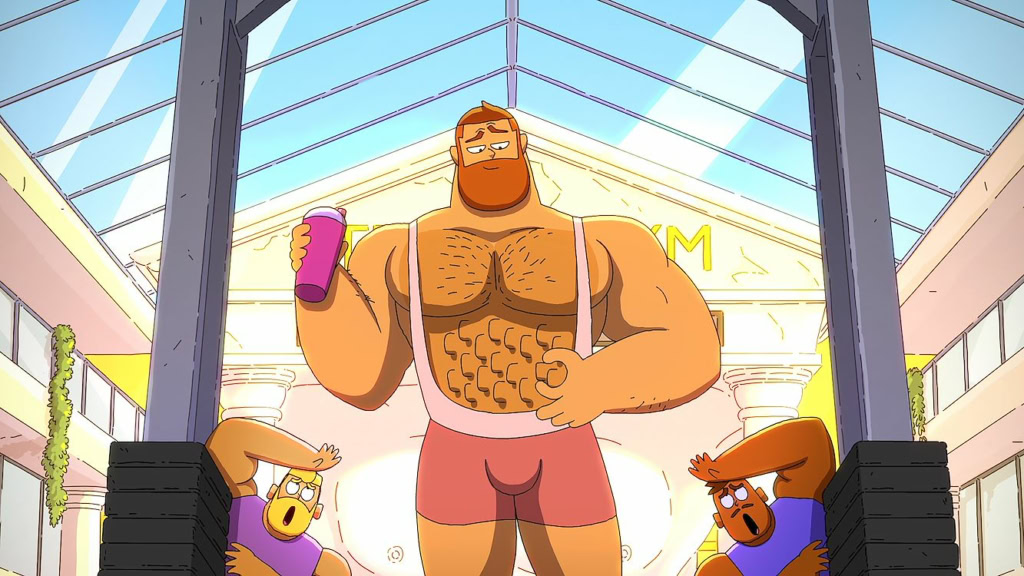 Animatie van een grote man met een bier in een bioscoop, met een vrouw en een man die verbaasd kijken, in een moderne bioscoopruimte.