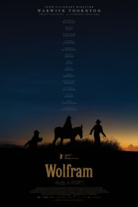 Filmposter van Wolfram met silhouetten van cowboys en paarden tegen een ondergaande zon, met de namen van de cast en crew.