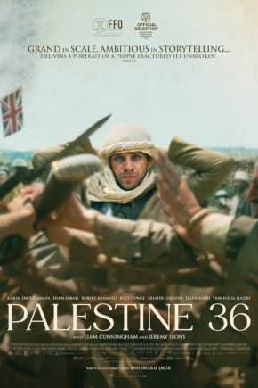 Filmposter van Palestine 36 met een man in militaire uniform en een Britse vlag op de achtergrond, gericht op oorlog en conflict in Palestina.