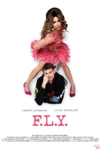 Film poster voor F.L.Y. met twee acteurs, een vrouw in een roze jurk en een man die op de grond zit, promotie voor de film.