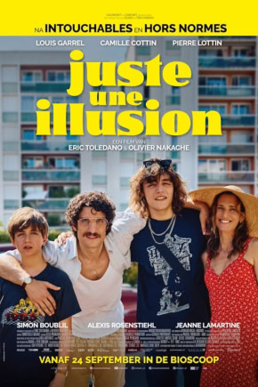 Film poster voor Juste une illusion met een groep jonge acteurs voor een kleurrijke achtergrond.
