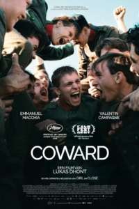 Acteurs in een intense scène uit de film Coward, met emotionele uitbarstingen en close-up shots, gepresenteerd op een filmposter voor een filmfestival.