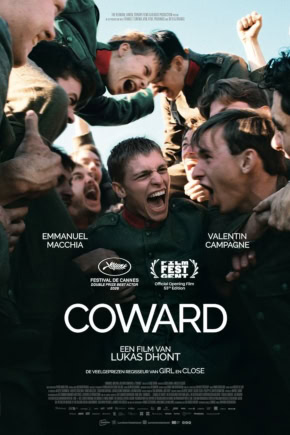 Acteurs in een intense scène uit de film Coward, met emotionele uitbarstingen en close-up shots, gepresenteerd op een filmposter voor een filmfestival.
