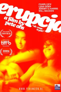 Filmposter voor 'Erupcja' met Charli XCX, Lena Gora, Jeremy O. Harris en Will Madden, kleurrijk en opvallend ontwerp.