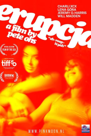 Filmposter voor 'Erupcja' met Charli XCX, Lena Gora, Jeremy O. Harris en Will Madden, kleurrijk en opvallend ontwerp.