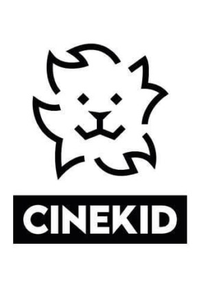 Logo van Cinekid 6+ de Grote Droom met een speelse leeuwenkop en de naam CINEKID onder een zwart vlak, geschikt voor een kindvriendelijk filmprogramma.