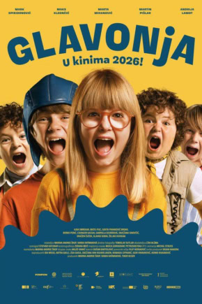 Promotiefilm poster voor de film Glavonja met lachende kinderen in kleurrijke outfits, gericht op jonge kijkers, voor de filmrelease in 2026.