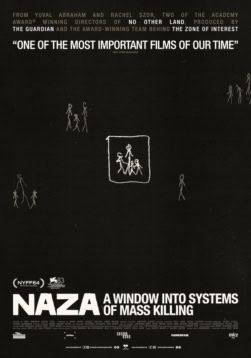 Film poster voor Naza, een film over massamoord, met een zwart-wit ontwerp en schetsachtige tekeningen van mensen.