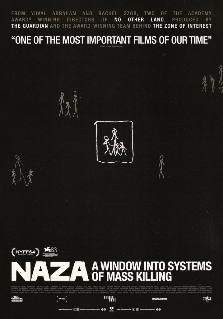 Film poster voor Naza, een film over massamoord, met een zwart-wit ontwerp en schetsachtige tekeningen van mensen.