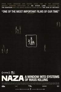 Film poster voor NAZA, een film over massamoord, met een zwart-wit ontwerp en schetsachtige tekeningen van mensen.